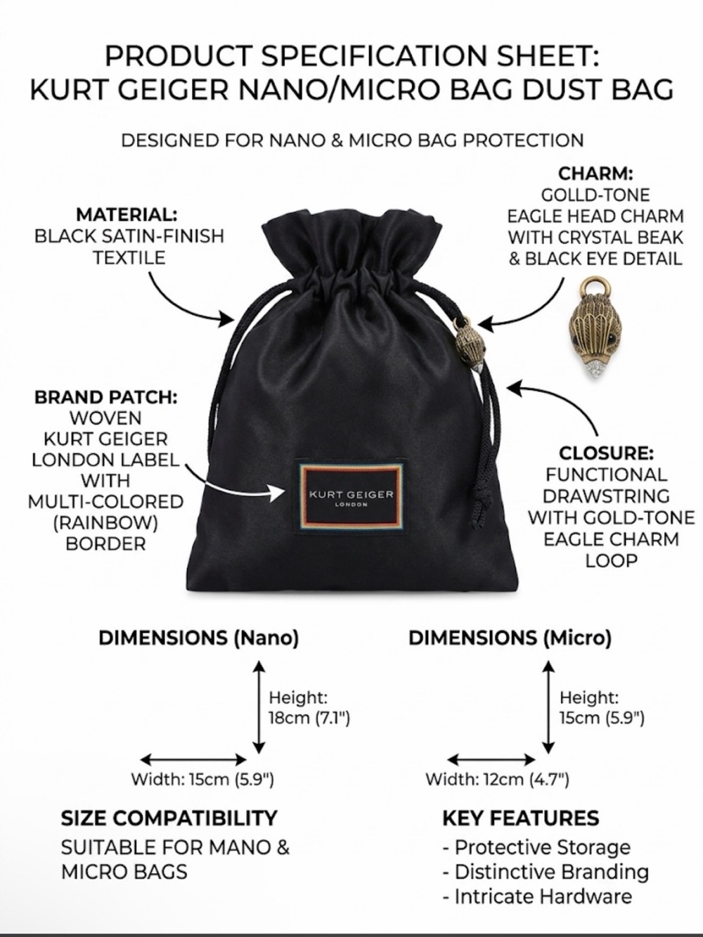 Kurt Geiger Black Satin Dust Bag with Gold-Tone Eagle Charm